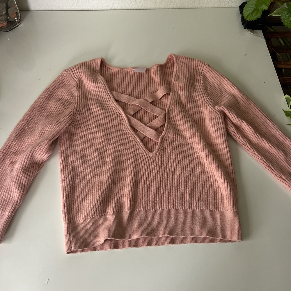 Pink V-Neck Sweater with Crisscross Detail